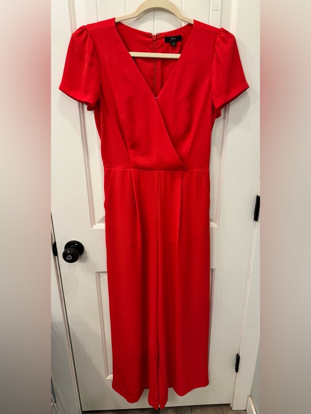 J.Crew Red V-Neck Wrap Front Wide Leg Jumpsuit Short Sleeve Pockets Size 2